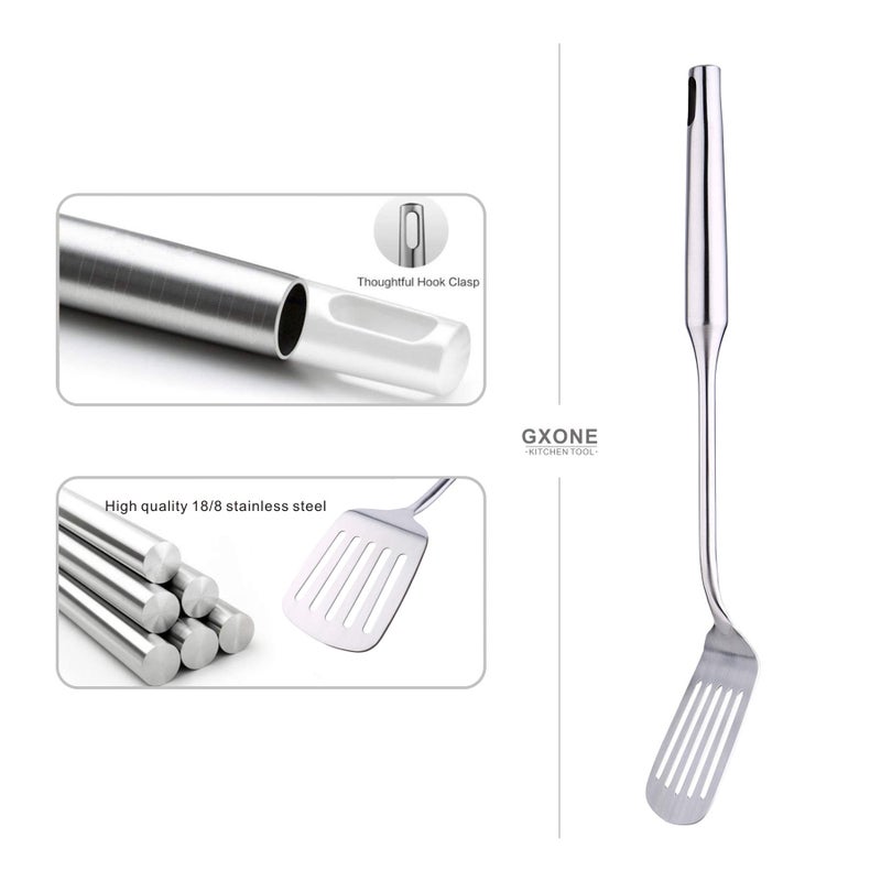 GXONE Stainless Steel Slotted Spatula,Cooking Utensil For Kitchen Use With Hollow Handle,Silver/14.9Inch - Image 3